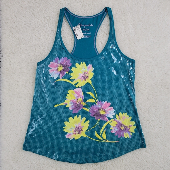 Aeropostale Tops - Aeropostale Clear Sequins Flower Racerback Top